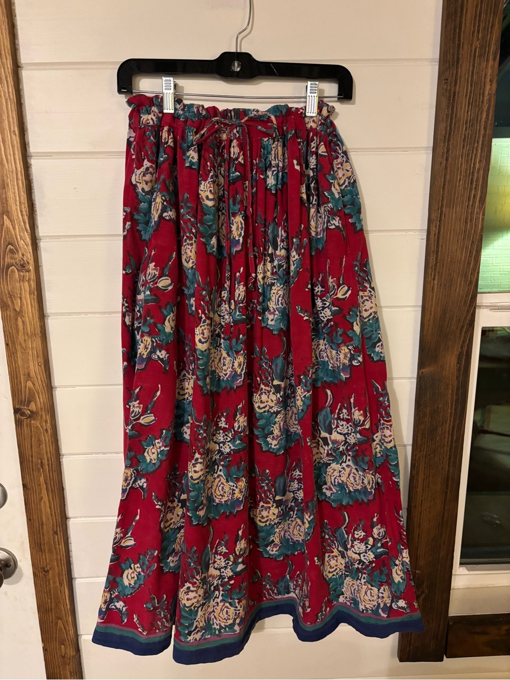 Floral Red Boho Drawstring Maxi Skirt with Blue Accents